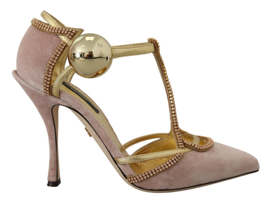 Dolce & Gabbana Pink Crystal T-strap Heels Pumps Women's Shoes