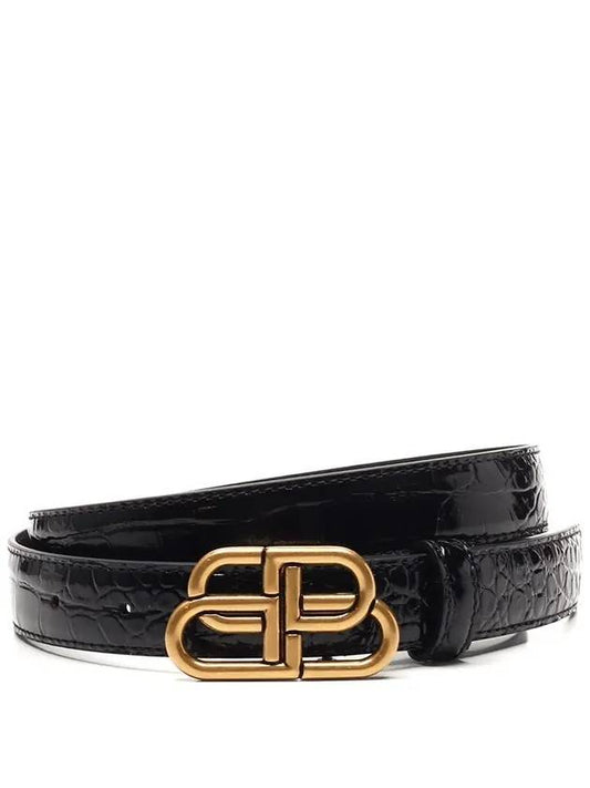Balenciaga WoMen's Crocodile Embossed BB Buckle Thin Belt Black