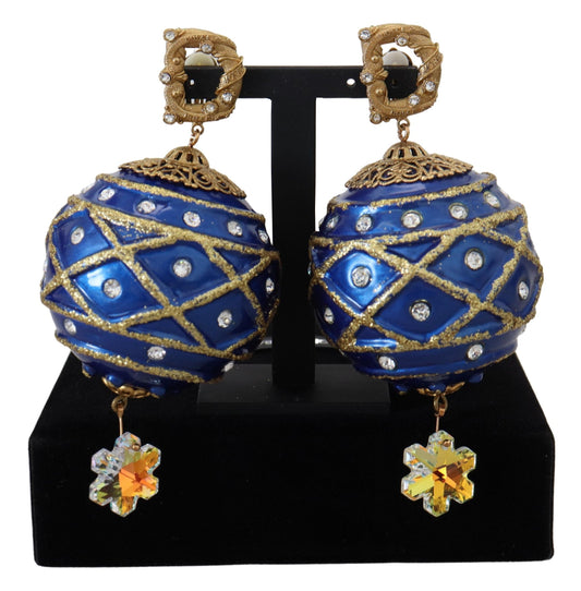 Dolce & Gabbana Gold Brass Blue Dangle Ball Crystal Clip On Women's Earrings