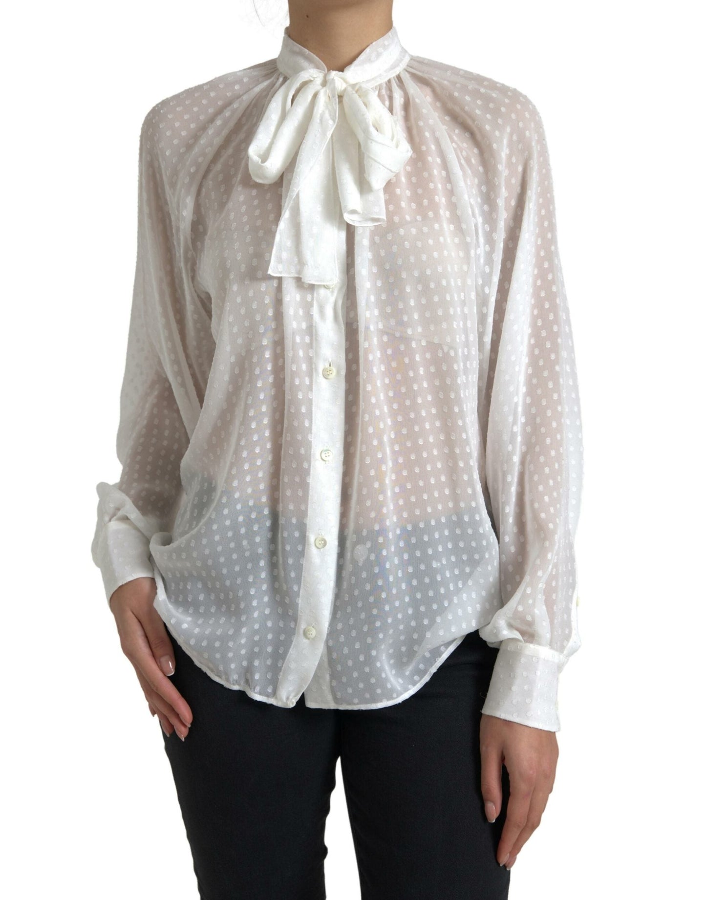 Dolce & Gabbana White Silk Sheer Tied Neck Polka Dots Women's Blouse