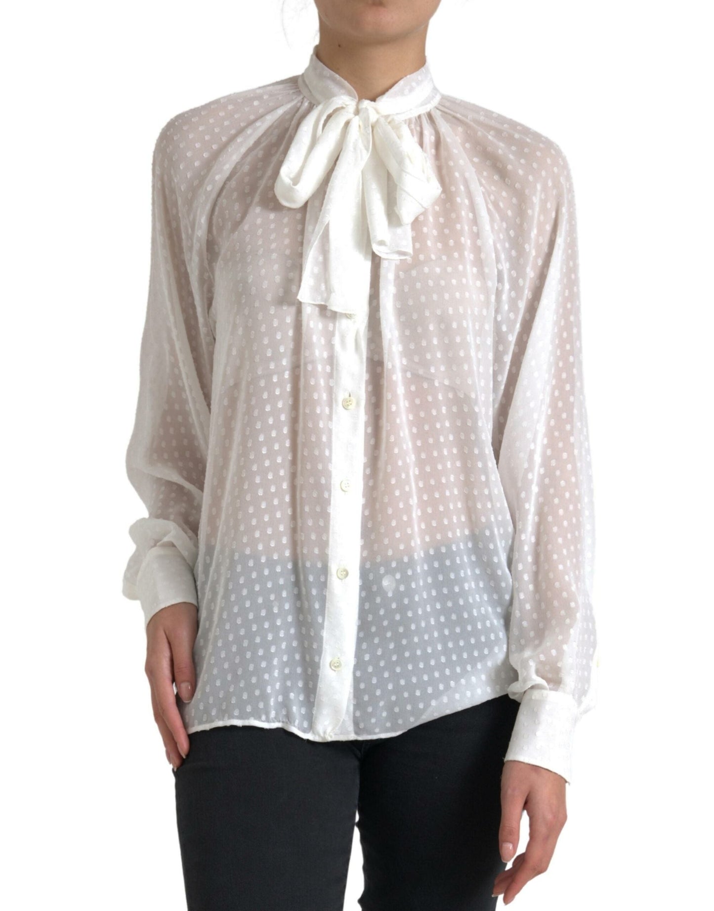 Dolce & Gabbana White Silk Sheer Tied Neck Polka Dots Women's Blouse