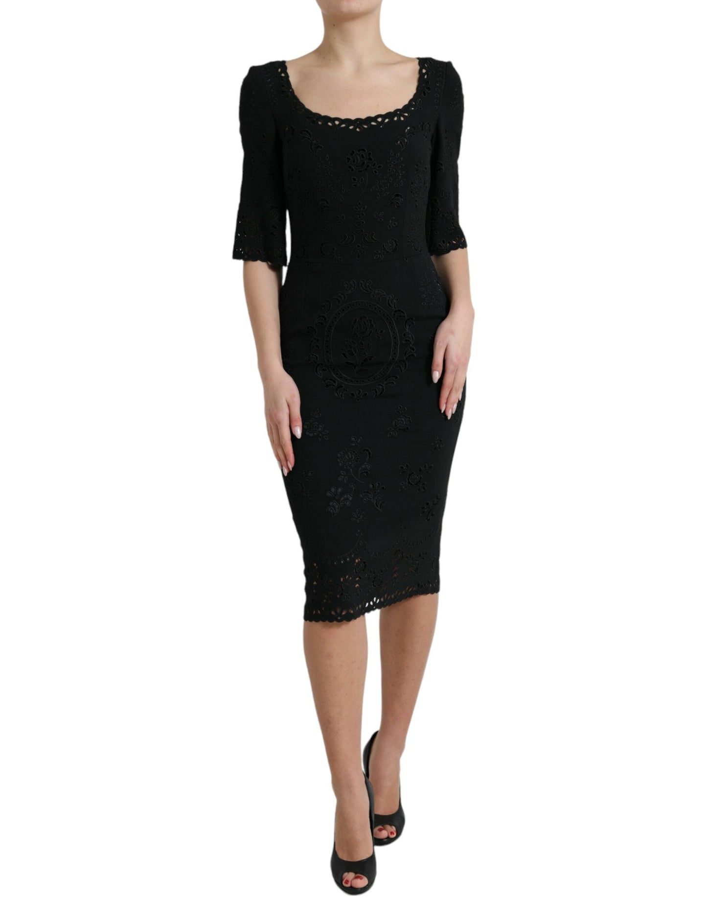 Dolce & Gabbana Black Floral Lace Viscose Bodycon Midi Women's Dress