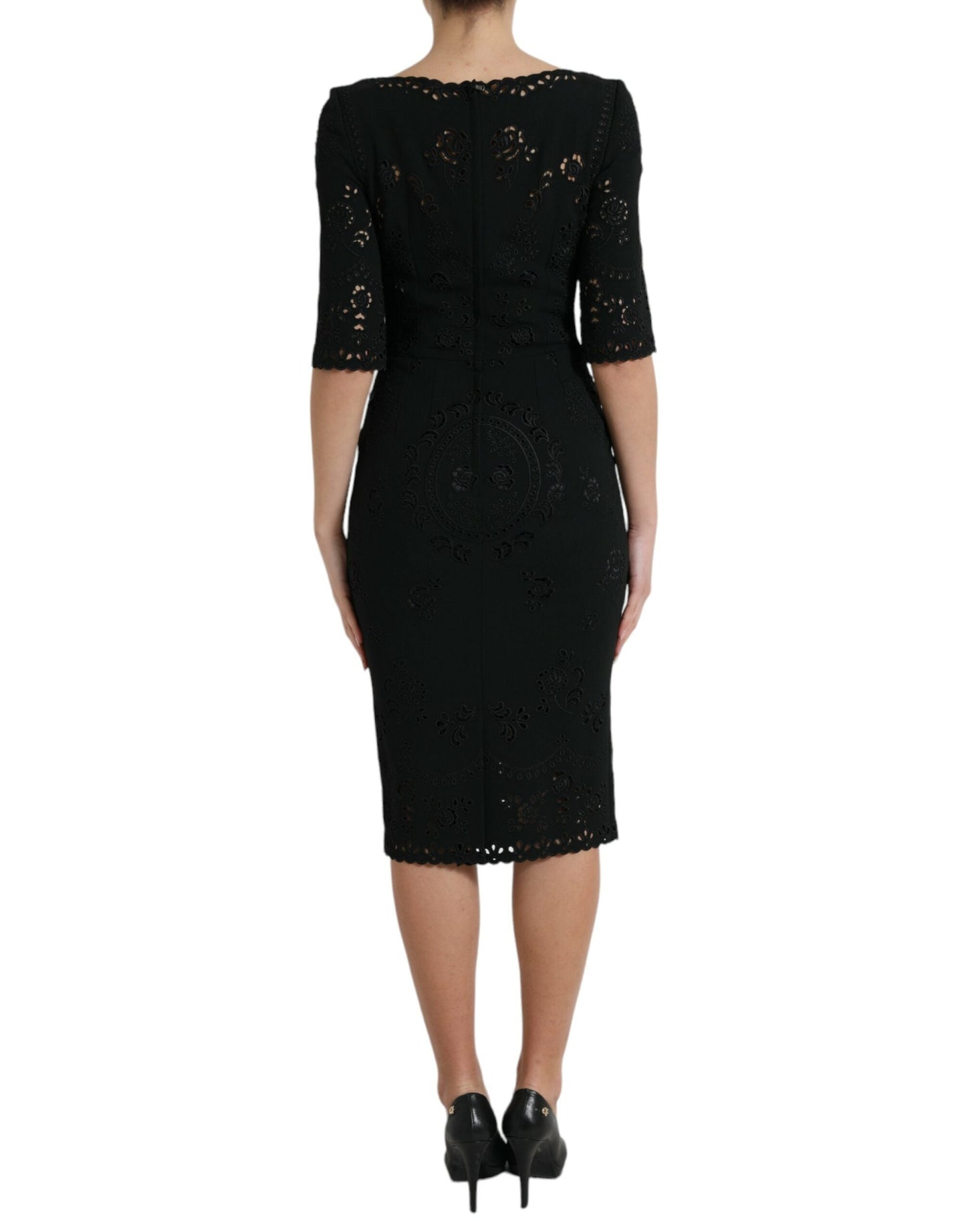 Dolce & Gabbana Black Floral Lace Viscose Bodycon Midi Women's Dress