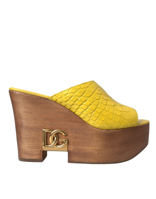 Dolce & Gabbana Yellow Leather Wood Mule Wedge Slides Women's Shoes
