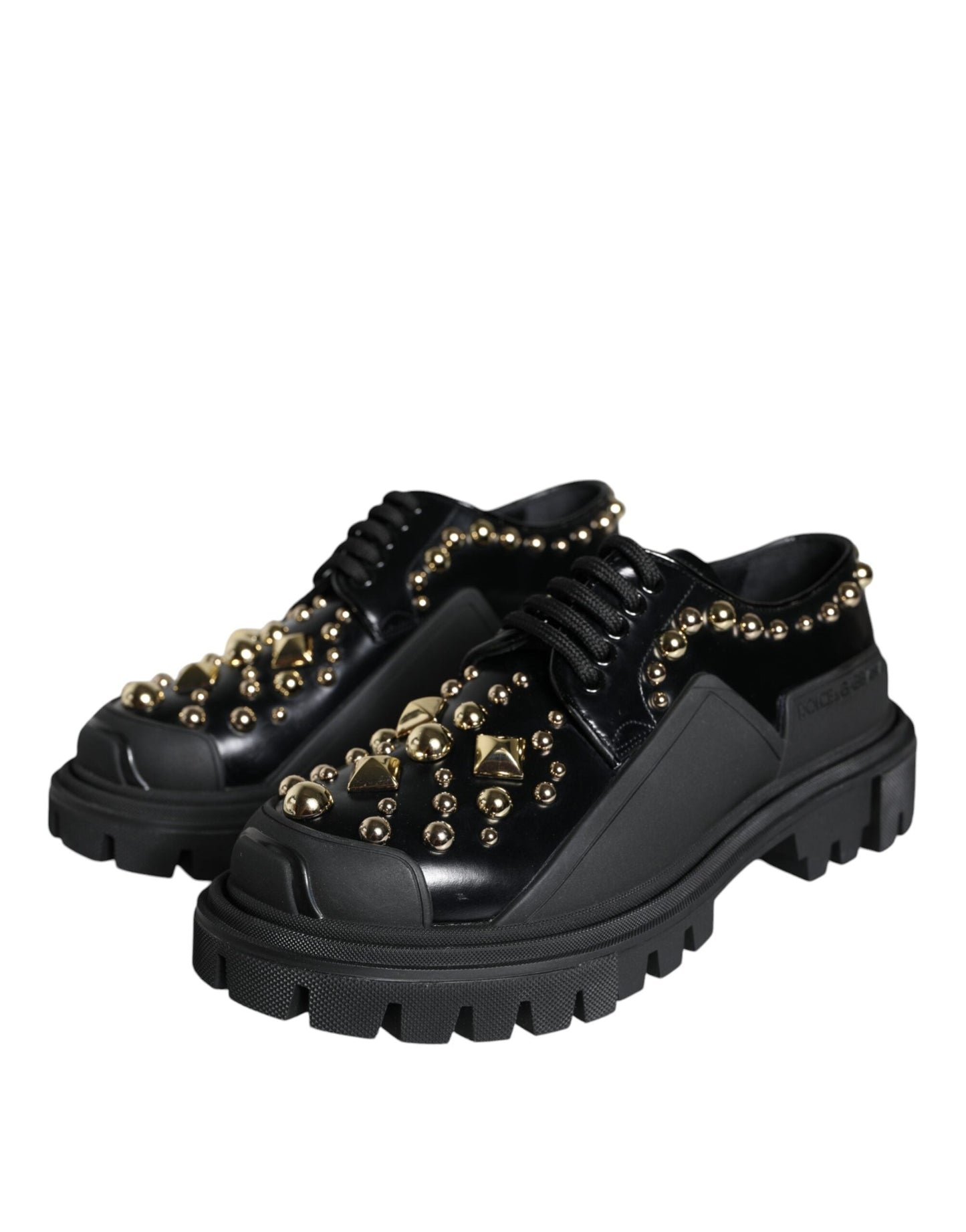 Dolce & Gabbana Black Leather Trekking Derby Embellished  Shoes