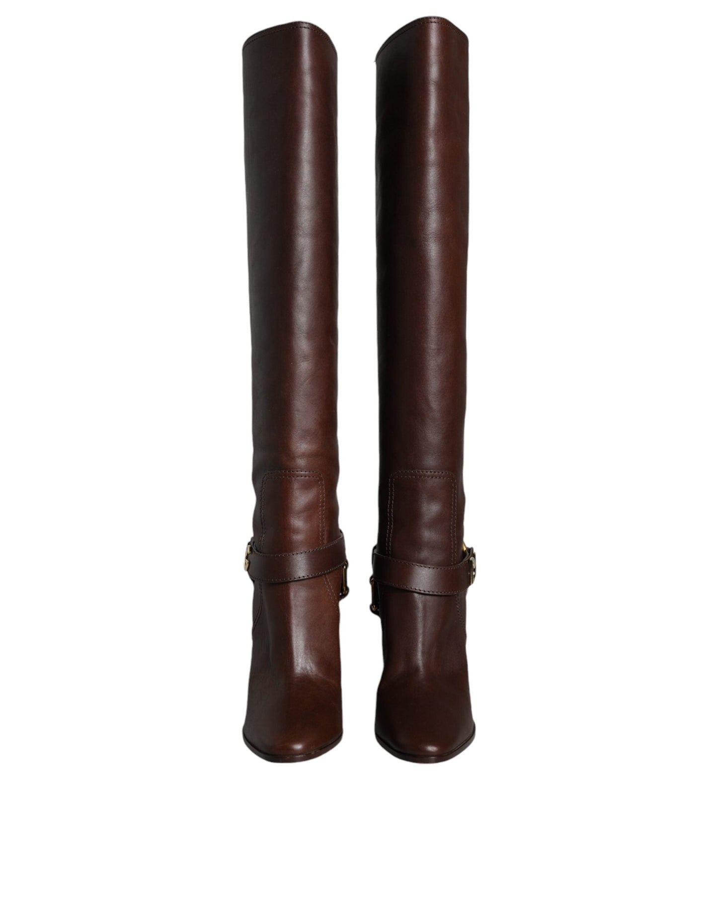 Dolce & Gabbana Brown Leather Gold Tone Logo High Boots Women's Shoes ()