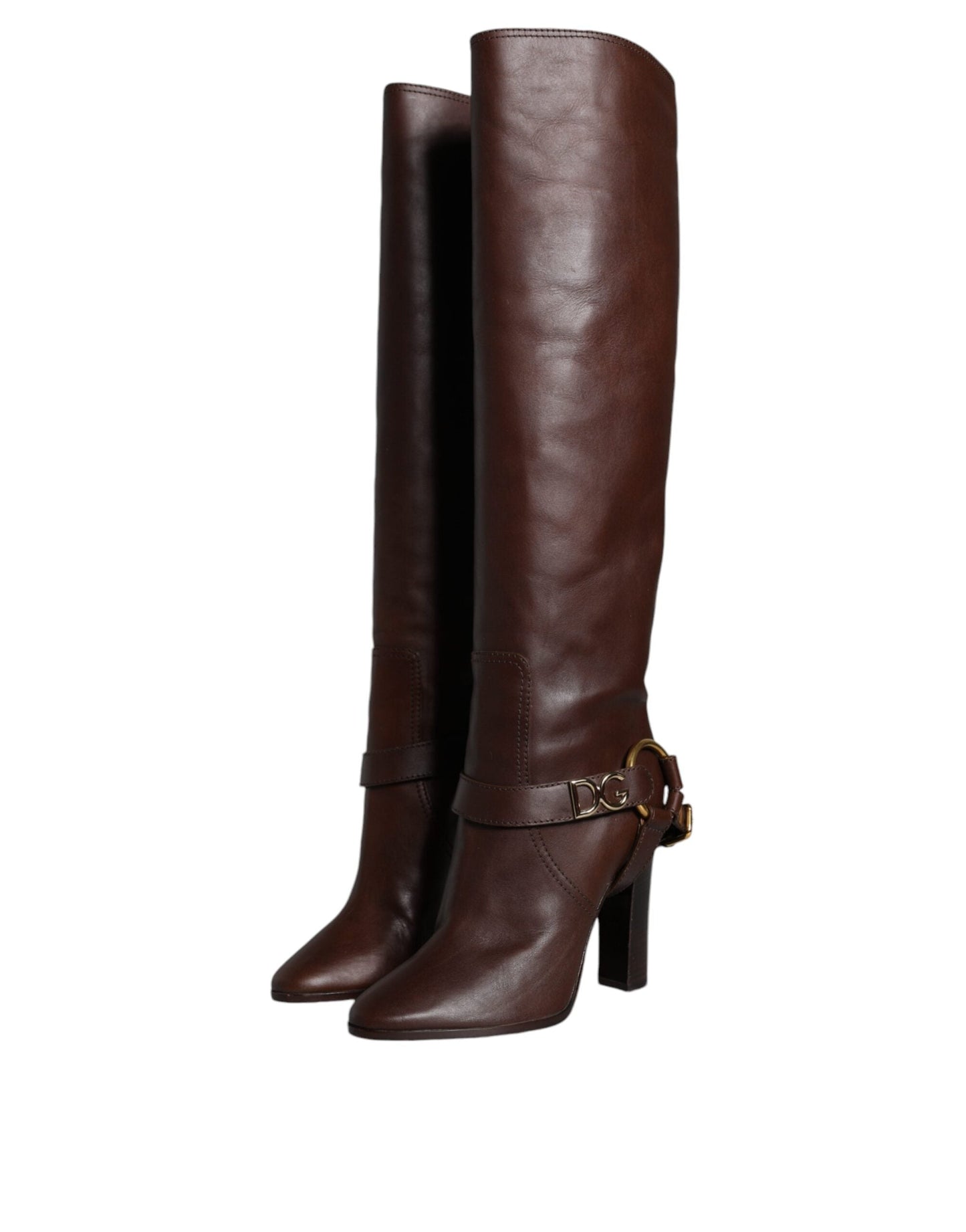 Dolce & Gabbana Brown Leather Gold Tone Logo High Boots Women's Shoes ()