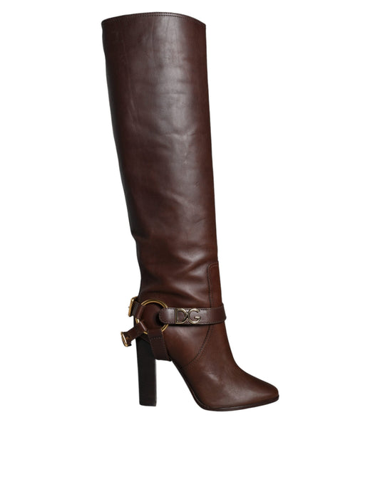 Dolce & Gabbana Brown Leather Gold Tone Logo High Boots Women's Shoes ()