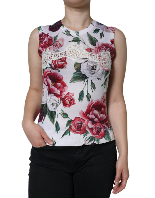 Dolce & Gabbana White Floral Lace Silk Sleeveless Tank Women's Top ()