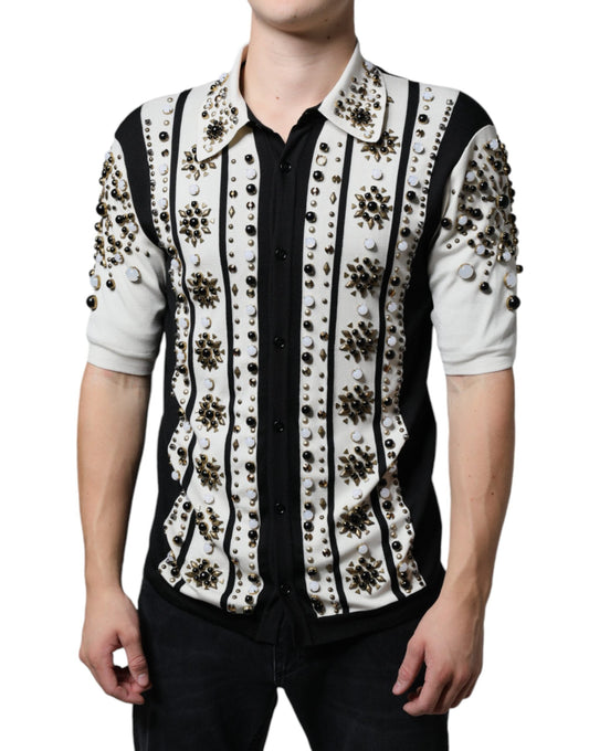 Dolce & Gabbana White Black Silk Studded Stone Crystal Men's Shirt