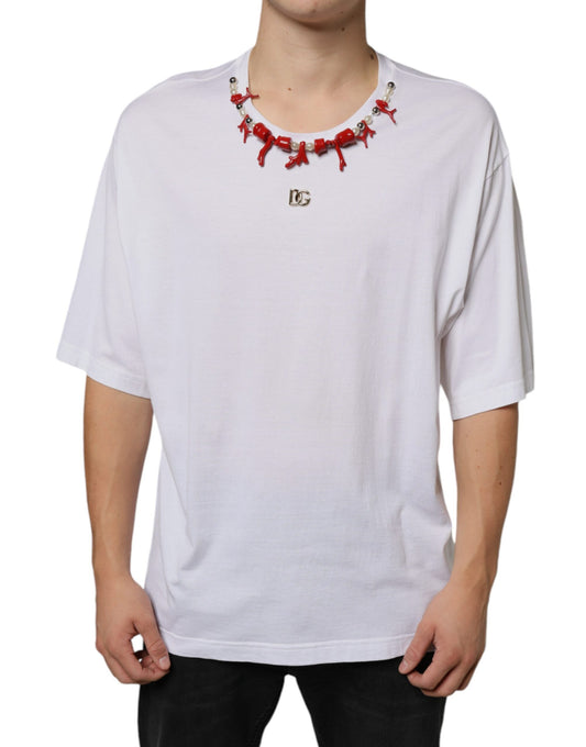 Dolce & Gabbana White Cotton Necklace Embellished Men's T-shirt