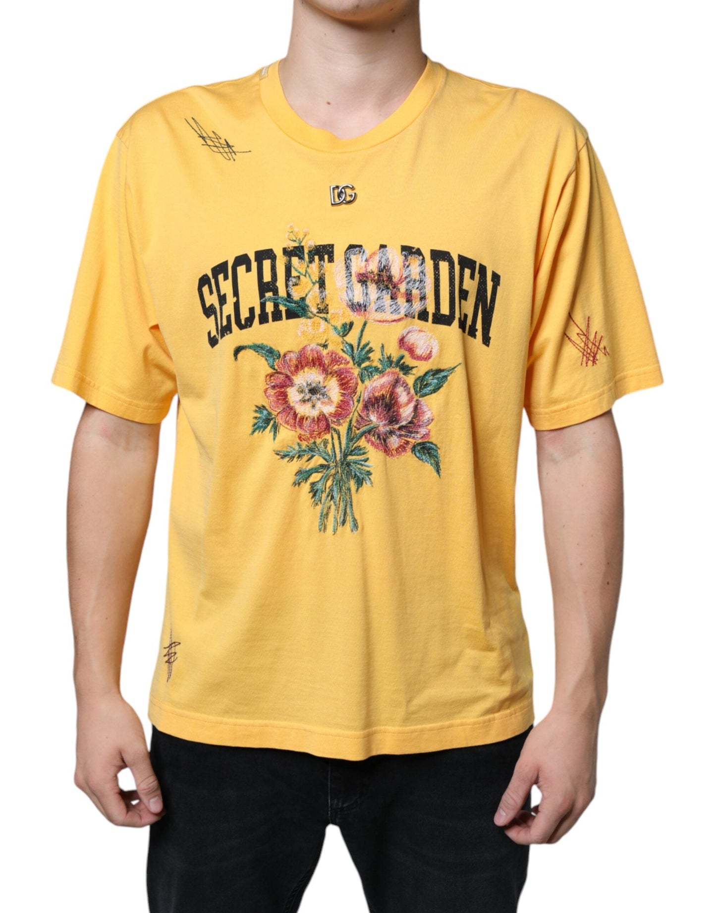 Dolce & Gabbana Yellow Secret Graden Floral Cotton Crew Neck Men's T-shirt