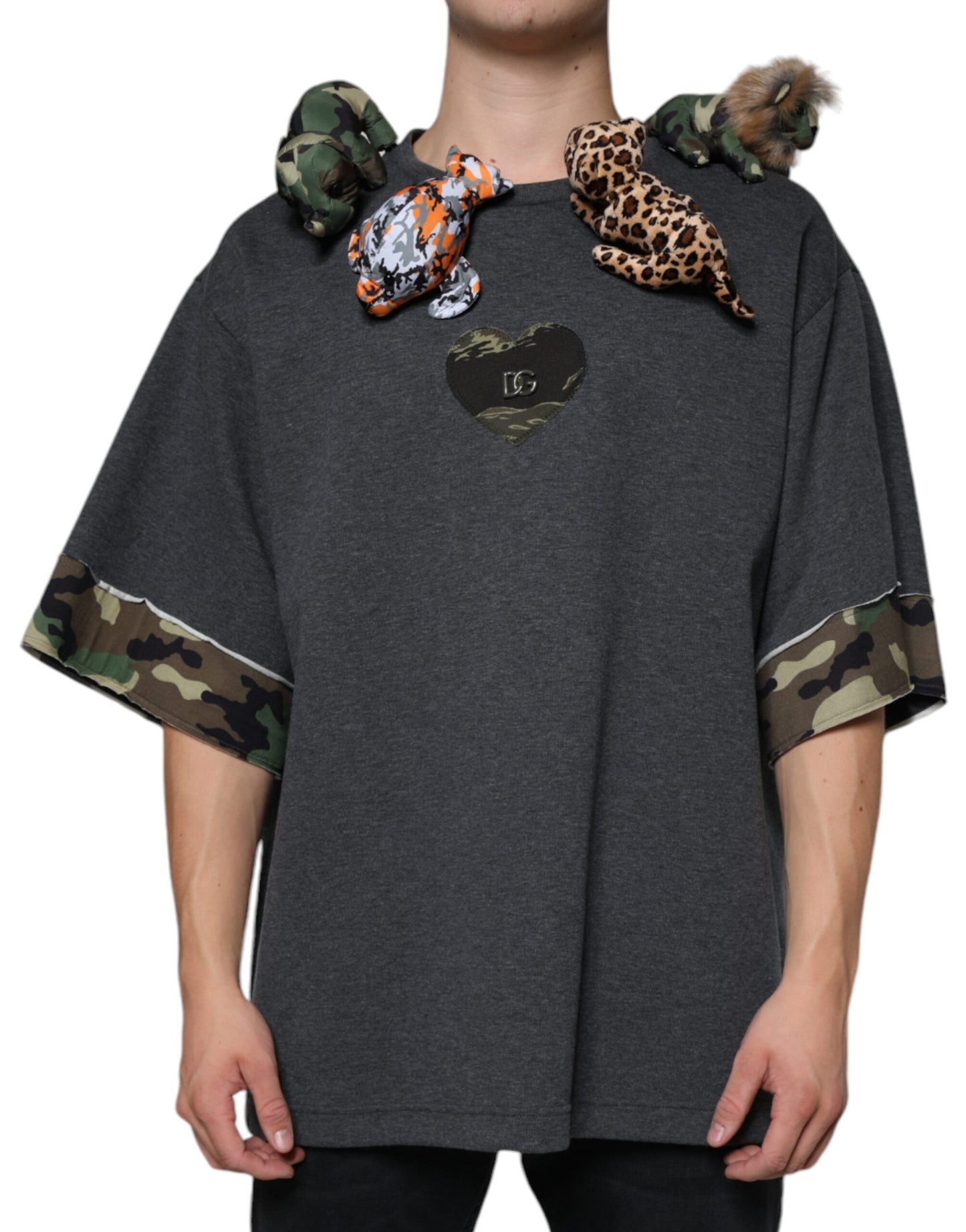 Dolce & Gabbana Gray Camouflage Animal Stuff Cotton Men's T-shirt