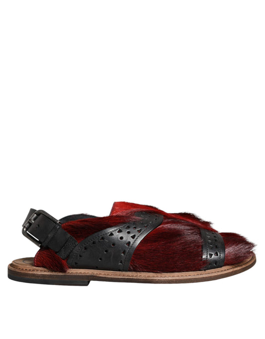 Dolce & Gabbana Black Red Gazelle Hair Leather Sandals Men's Shoes
