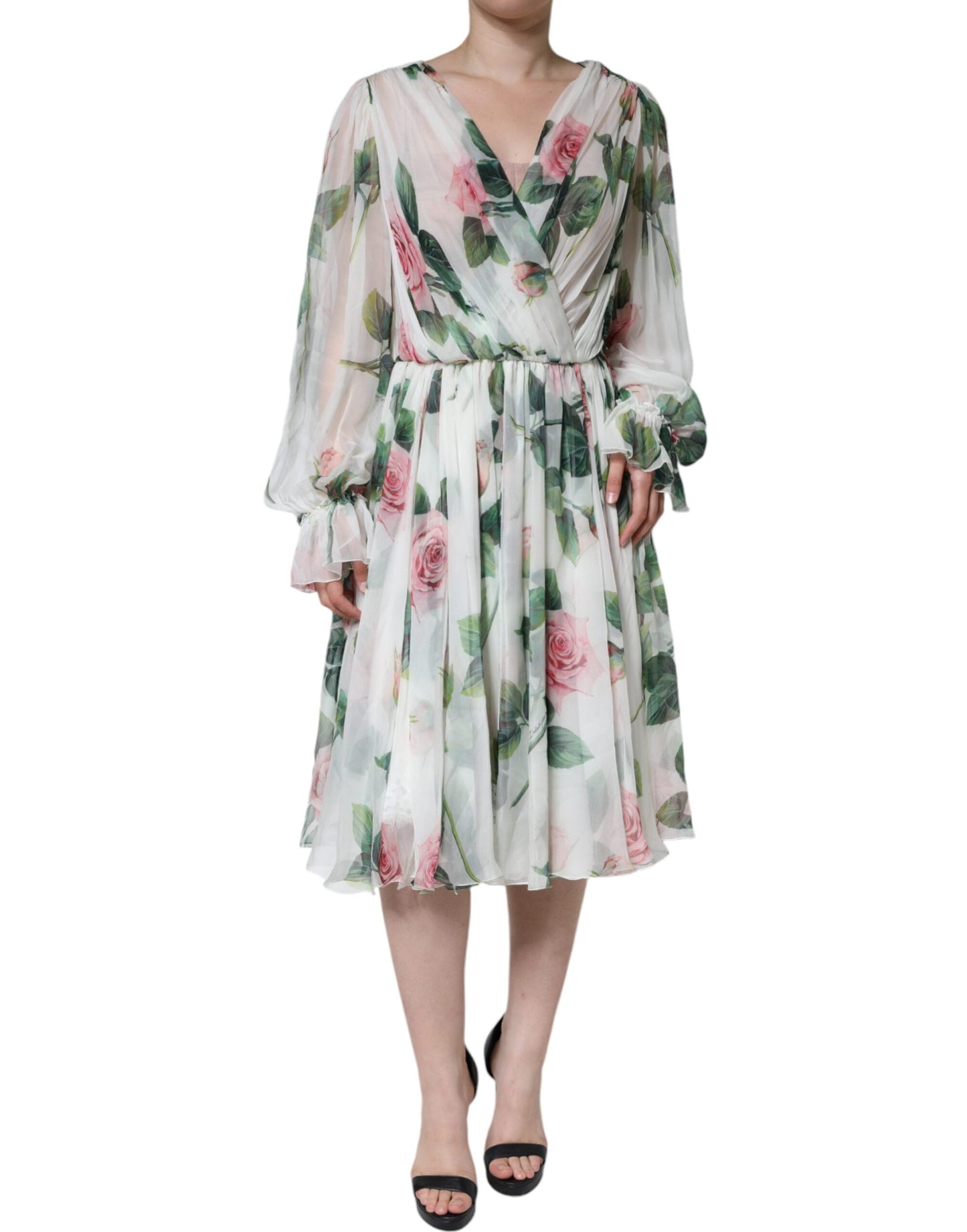 Dolce & Gabbana White Silk Floral Print A-line Midi Women's Dress