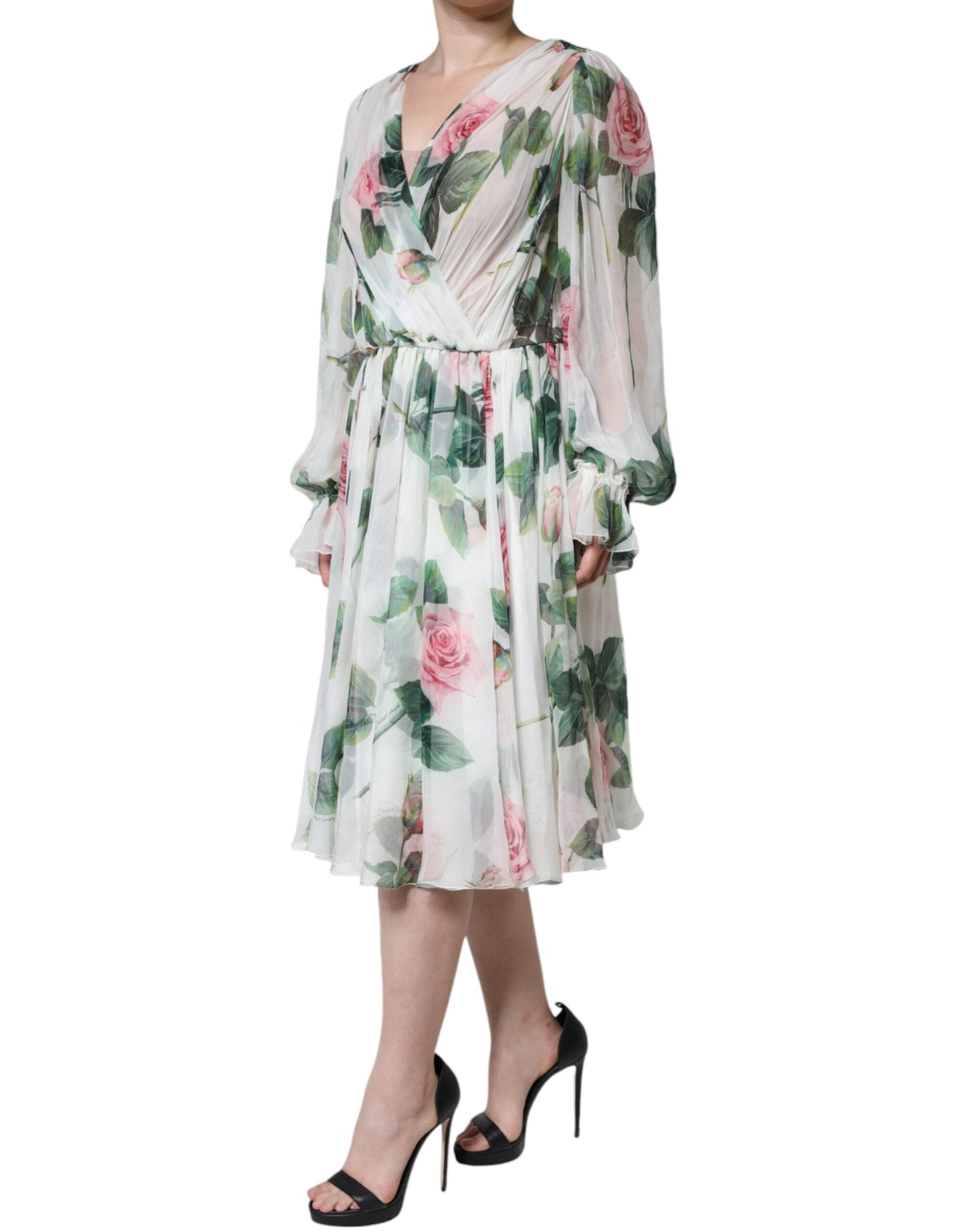 Dolce & Gabbana White Silk Floral Print A-line Midi Women's Dress