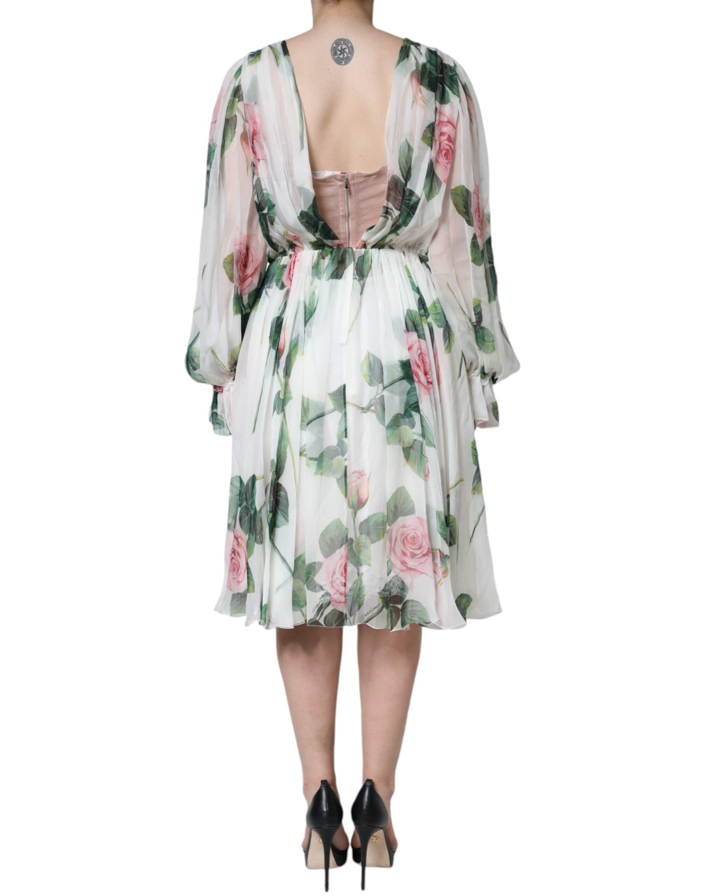 Dolce & Gabbana White Silk Floral Print A-line Midi Women's Dress