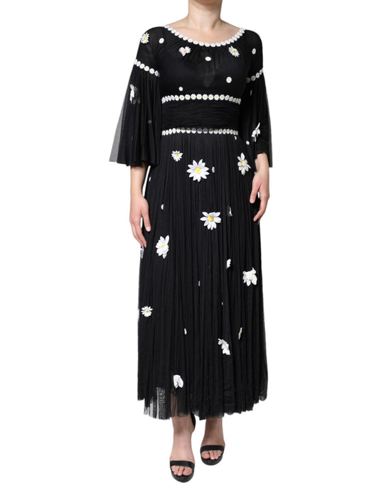 Dolce & Gabbana Black Silk Daisy A-line Long Maxi Women's Dress
