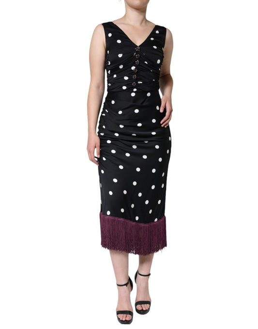Dolce & Gabbana Black Silk Polka Dot Vneck Tassel Midi Women's Dress ()