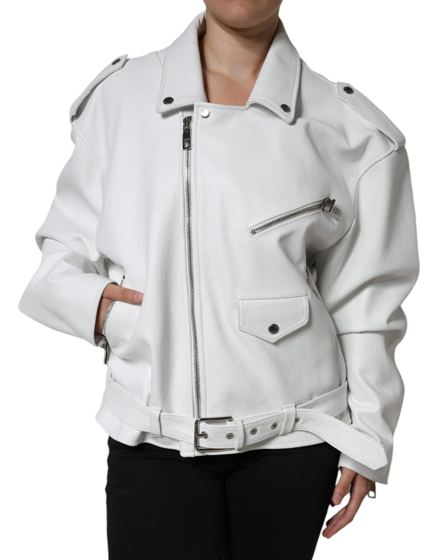Dolce & Gabbana White Lambskin Leather Biker Coat Women's Jacket ()