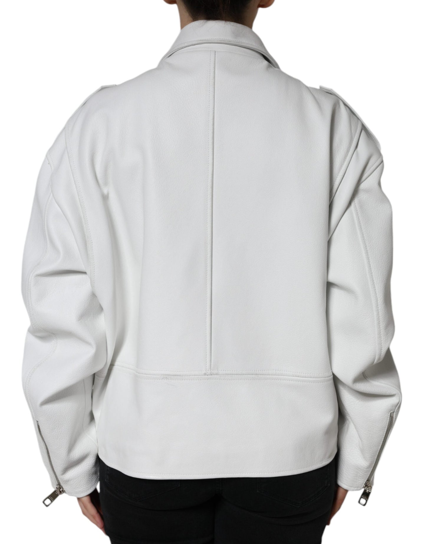 Dolce & Gabbana White Lambskin Leather Biker Coat Women's Jacket ()
