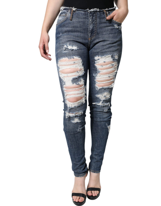 Dolce & Gabbana Blue Cotton Stretch Tattered Skinny Women's Jeans