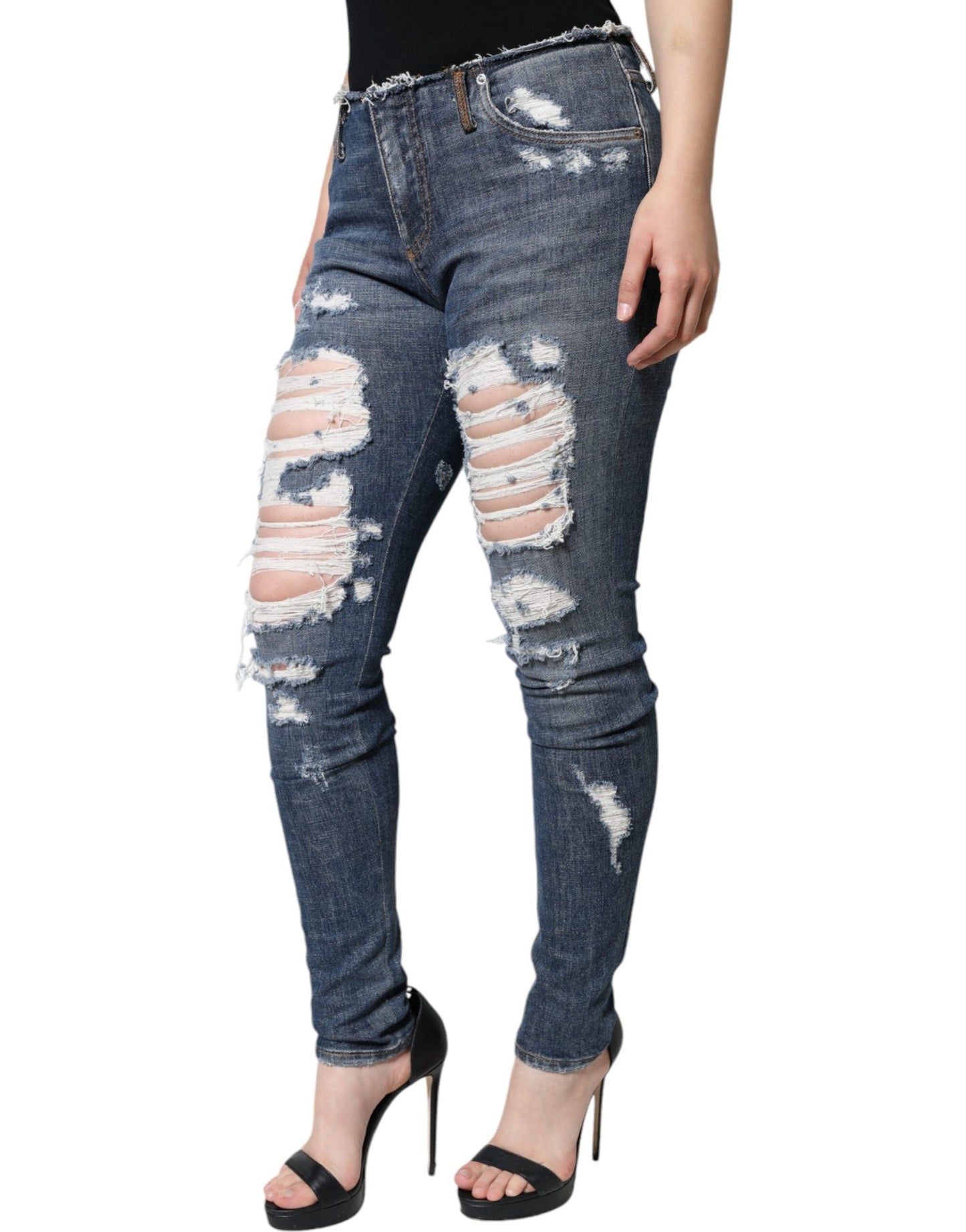 Dolce & Gabbana Blue Cotton Stretch Tattered Skinny Women's Jeans