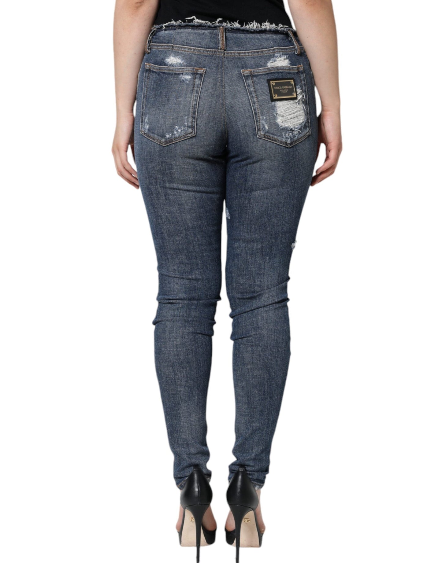 Dolce & Gabbana Blue Cotton Stretch Tattered Skinny Women's Jeans
