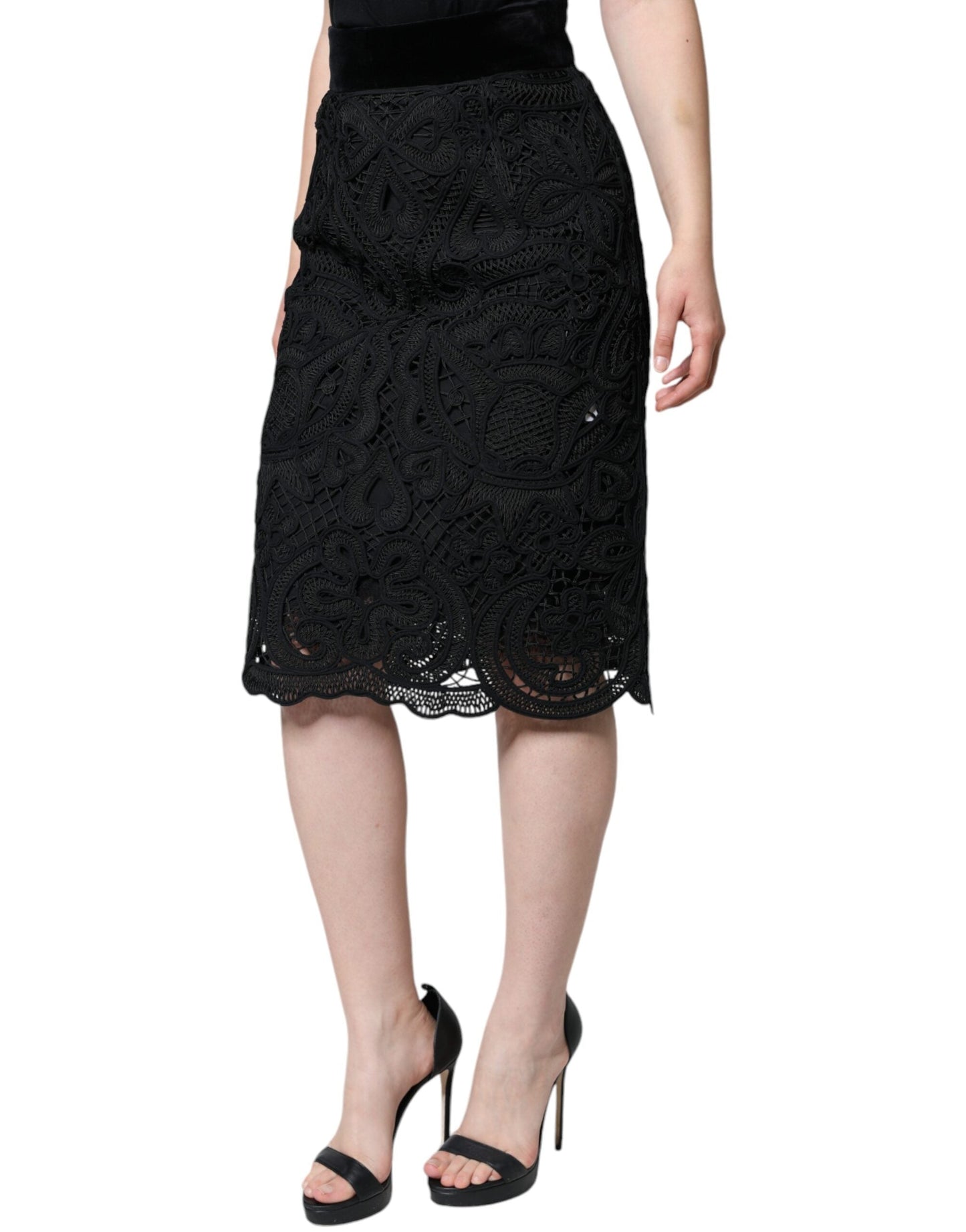 Dolce & Gabbana Black Floral Lace High Waist Pencil Cut Women's Skirt