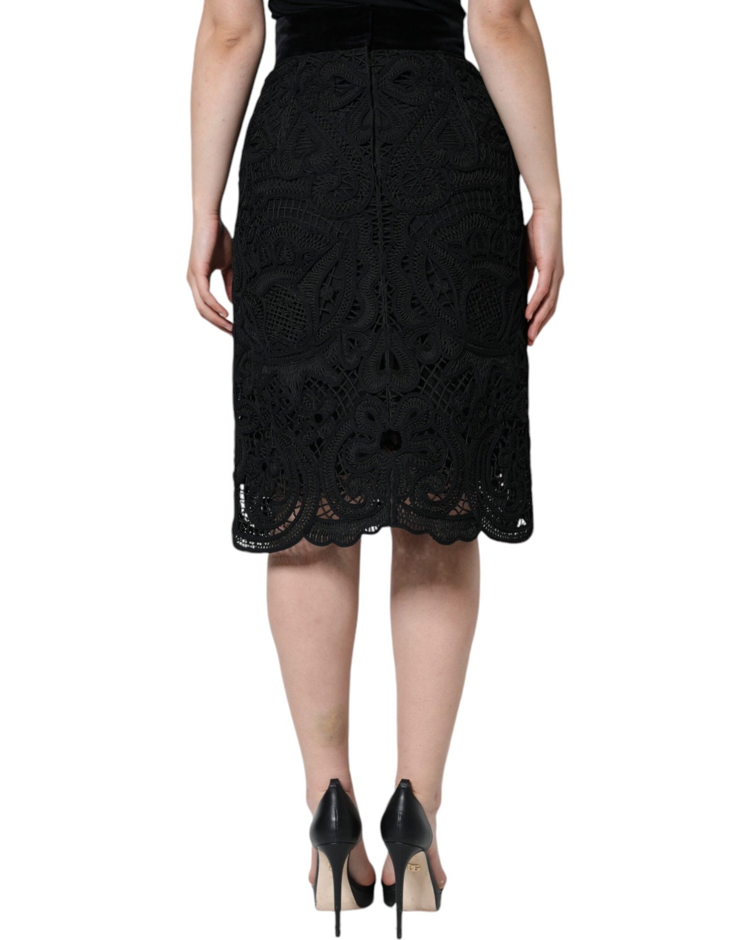 Dolce & Gabbana Black Floral Lace High Waist Pencil Cut Women's Skirt