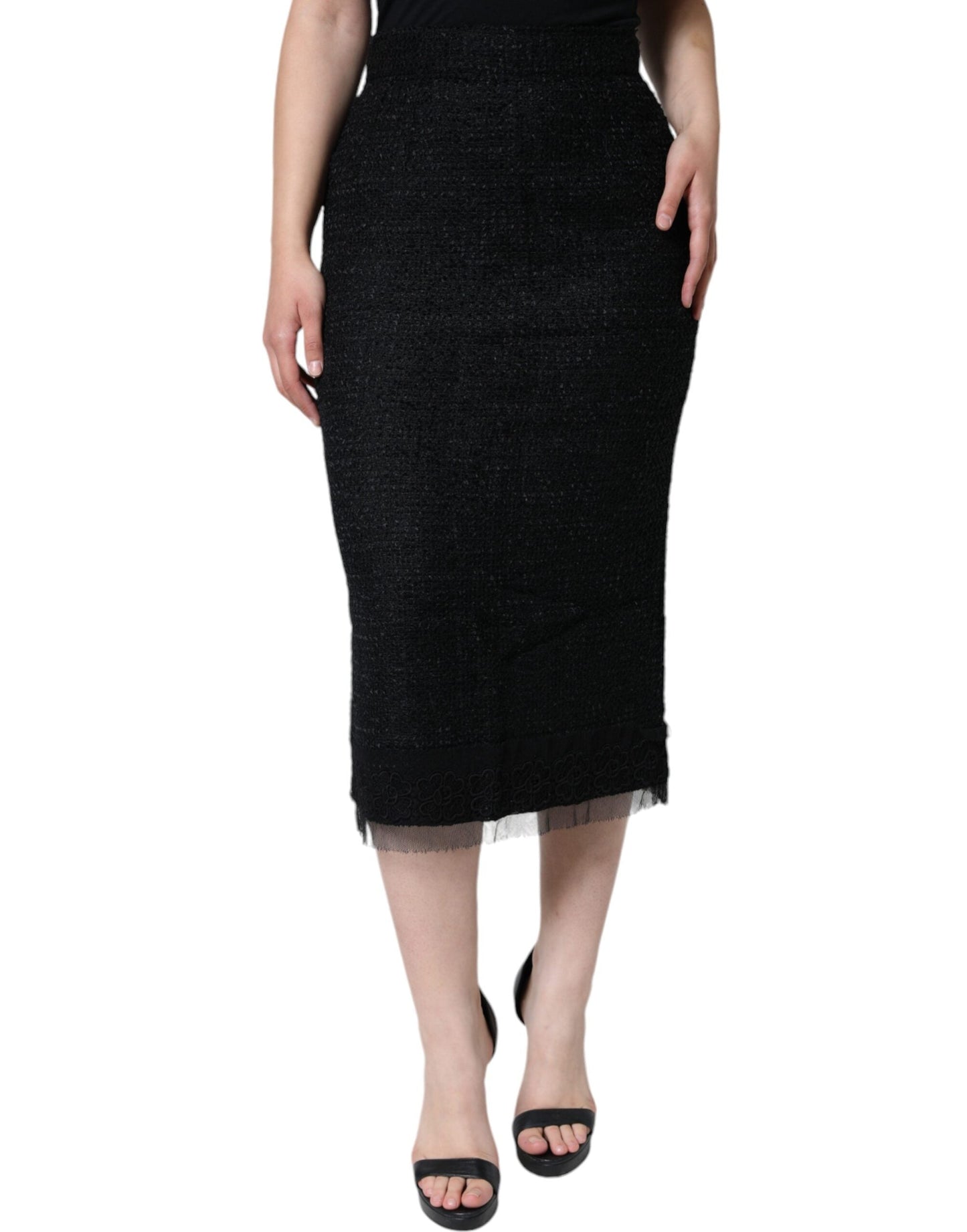 Dolce & Gabbana Black Virgin Wool Pencil Cut Midi Women's Skirt