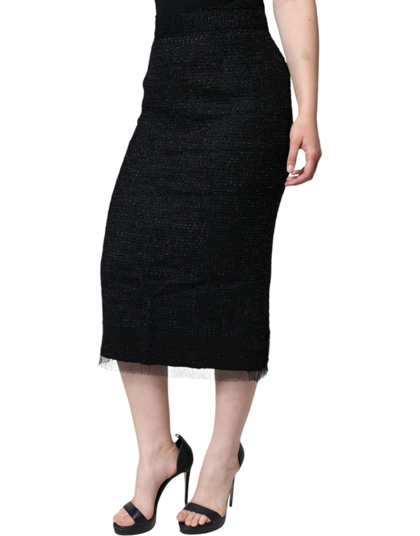 Dolce & Gabbana Black Virgin Wool Pencil Cut Midi Women's Skirt