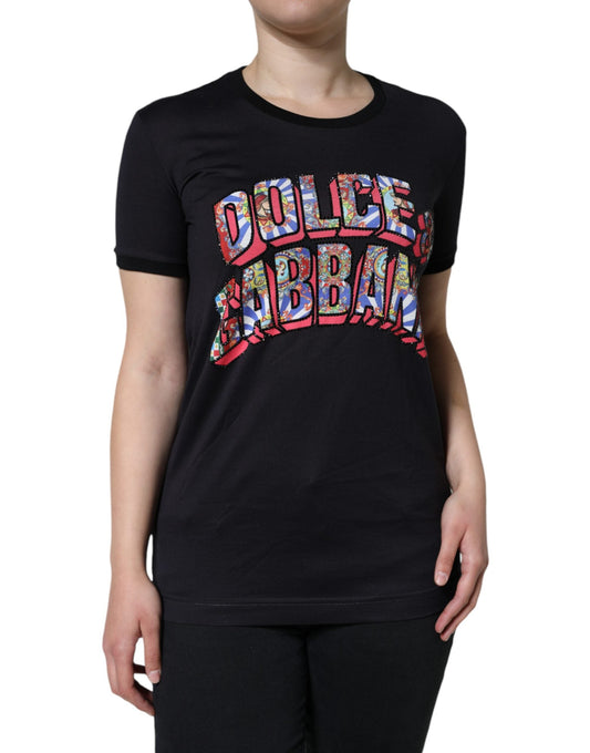 Dolce & Gabbana Black Cotton Logo Print Round Neck Women's T-shirt