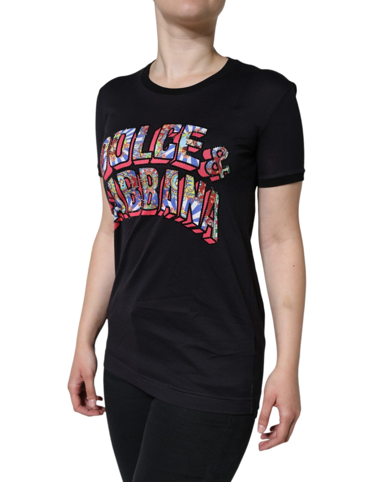 Dolce & Gabbana Black Cotton Logo Print Round Neck Women's T-shirt