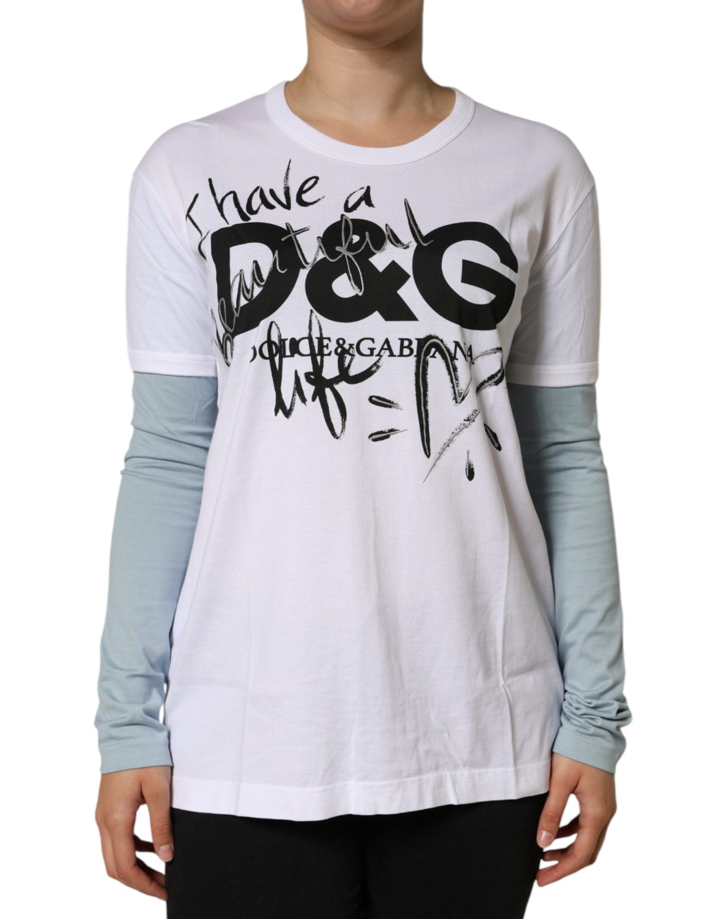 Dolce & Gabbana White Cotton Logo Print Round Neck Women's T-shirt