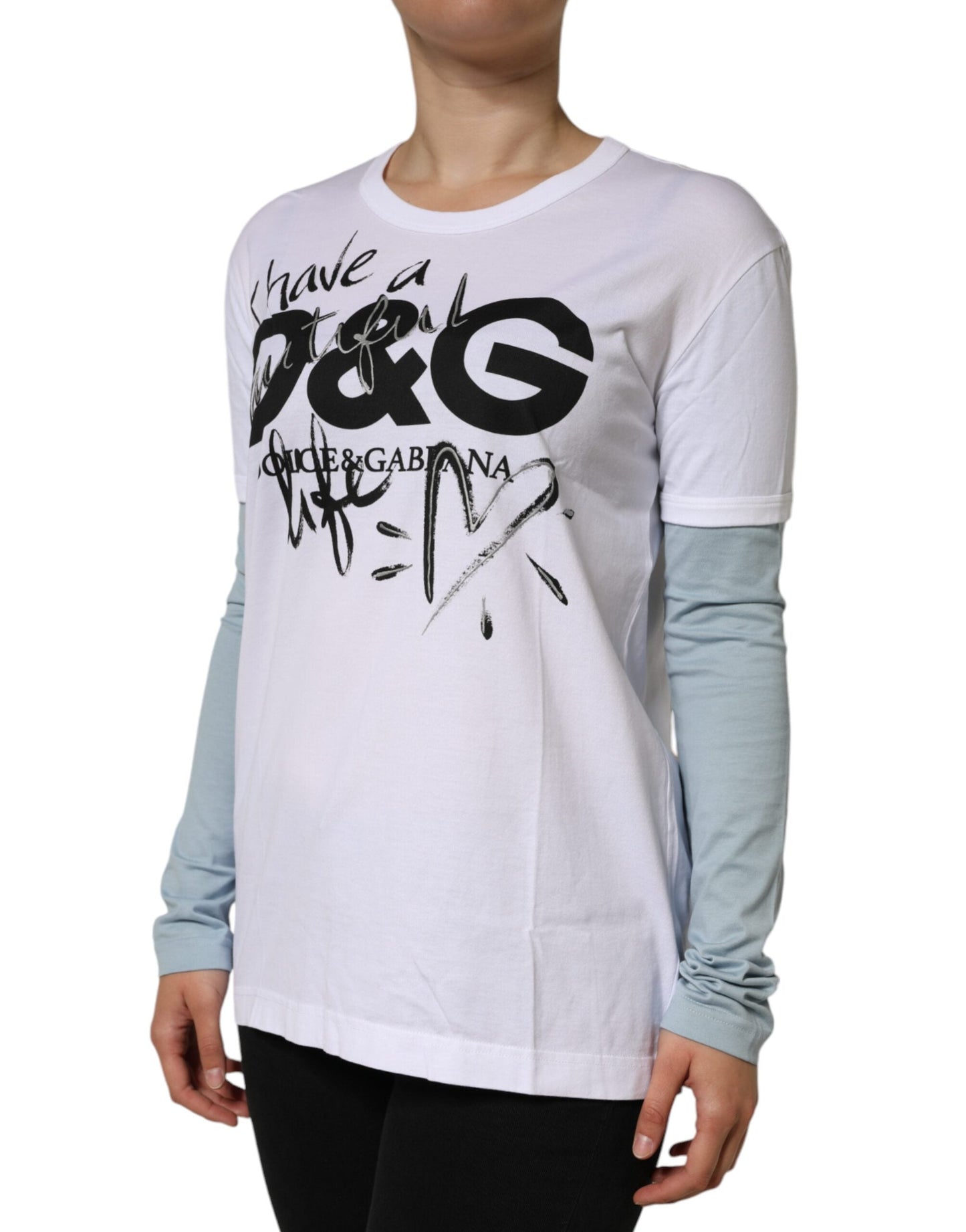 Dolce & Gabbana White Cotton Logo Print Round Neck Women's T-shirt