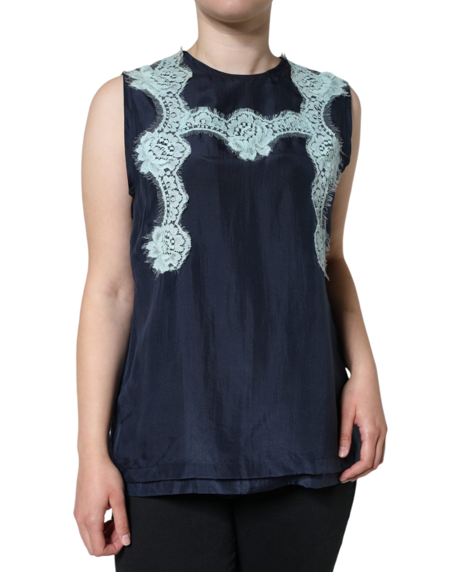 Dolce & Gabbana Blue Floral Lace Silk Sleeveless Tank Women's Top ()
