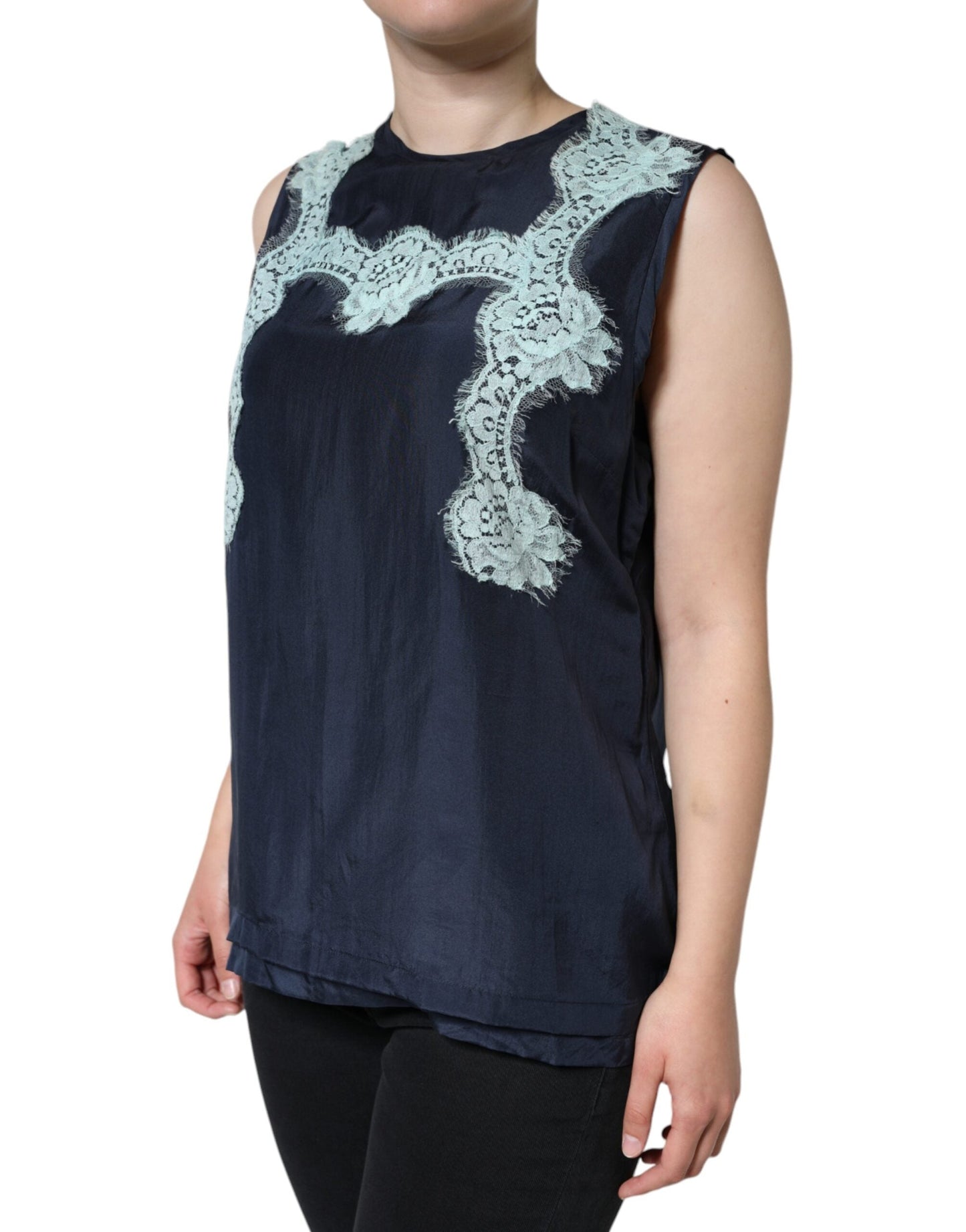 Dolce & Gabbana Blue Floral Lace Silk Sleeveless Tank Women's Top ()