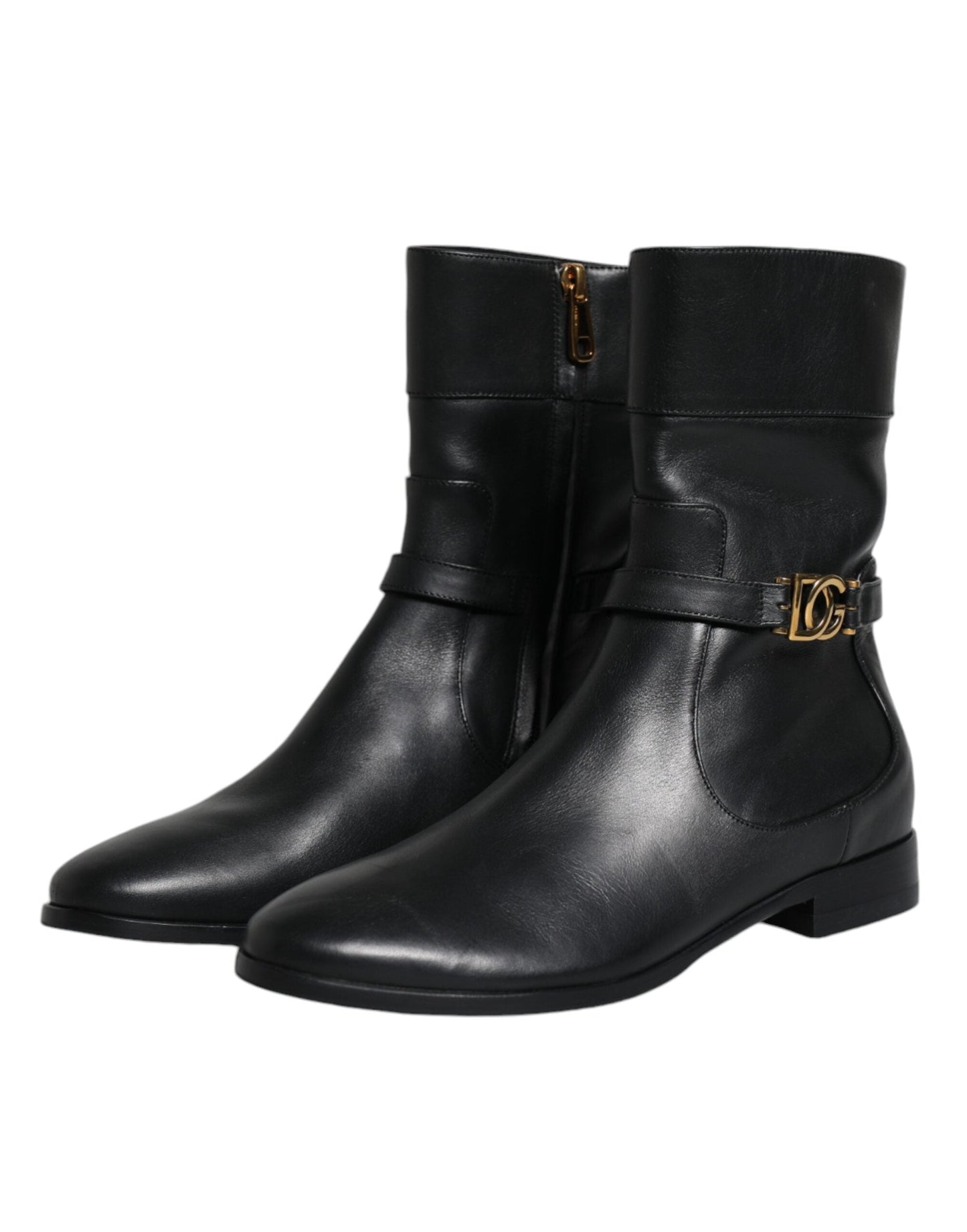 Dolce & Gabbana Black Leather Logo Mid Calf Boots Women's Shoes