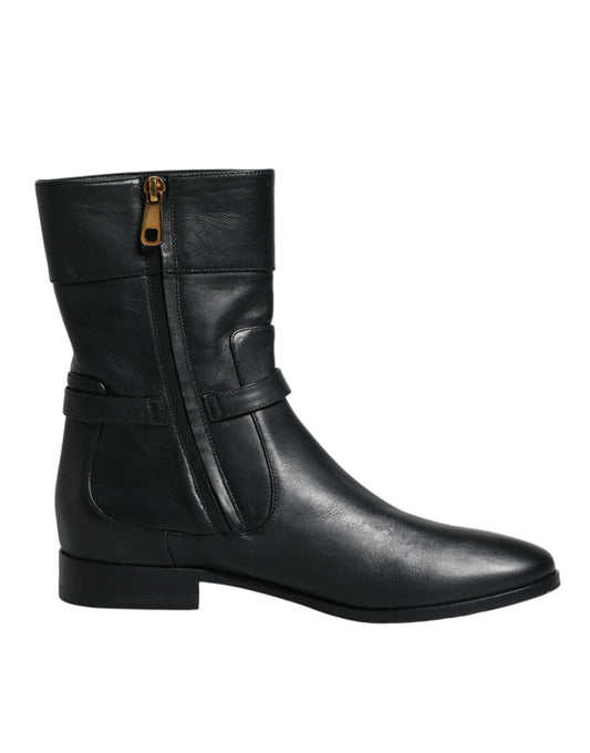 Dolce & Gabbana Black Leather Logo Mid Calf Boots Women's Shoes
