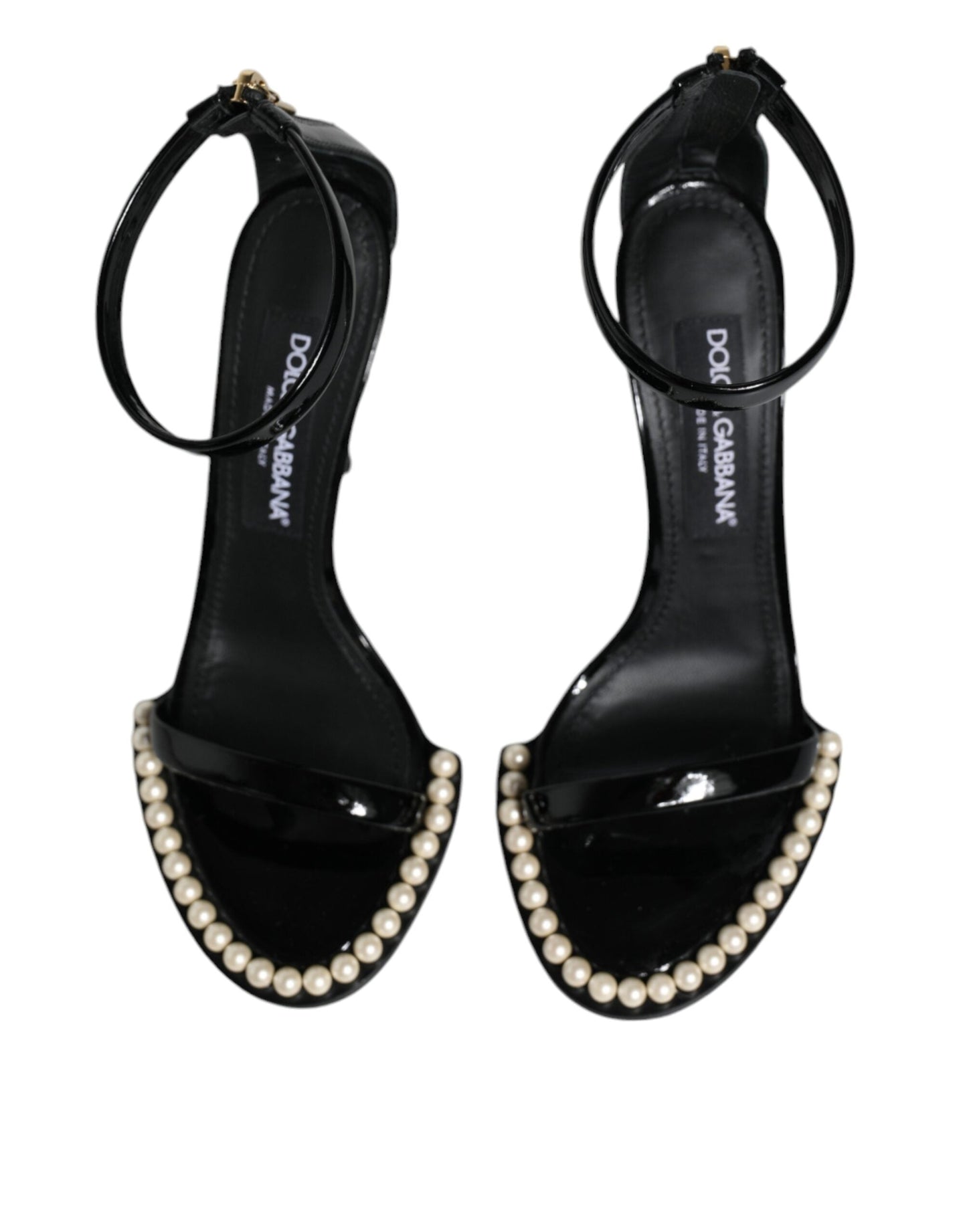 Dolce & Gabbana Black Keira Leather Faux Pearl Sandals Heels Women's Shoes ()