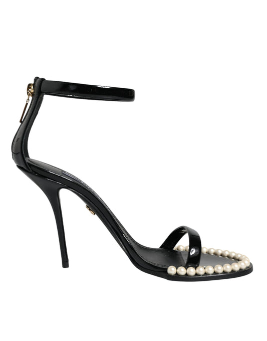 Dolce & Gabbana Black Keira Leather Faux Pearl Sandals Heels Women's Shoes ()