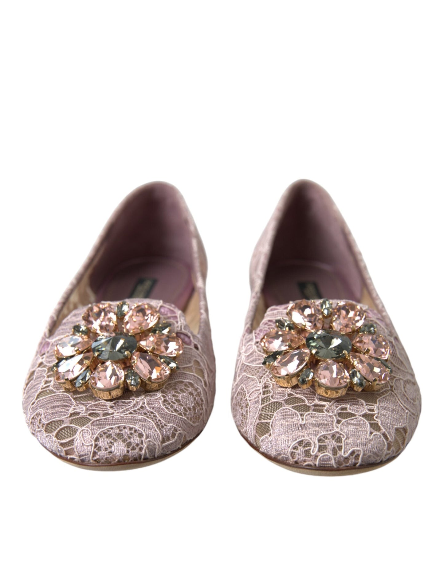 Dolce & Gabbana Pink Lace Crystal Ballet Flats Loafers Women's Shoes