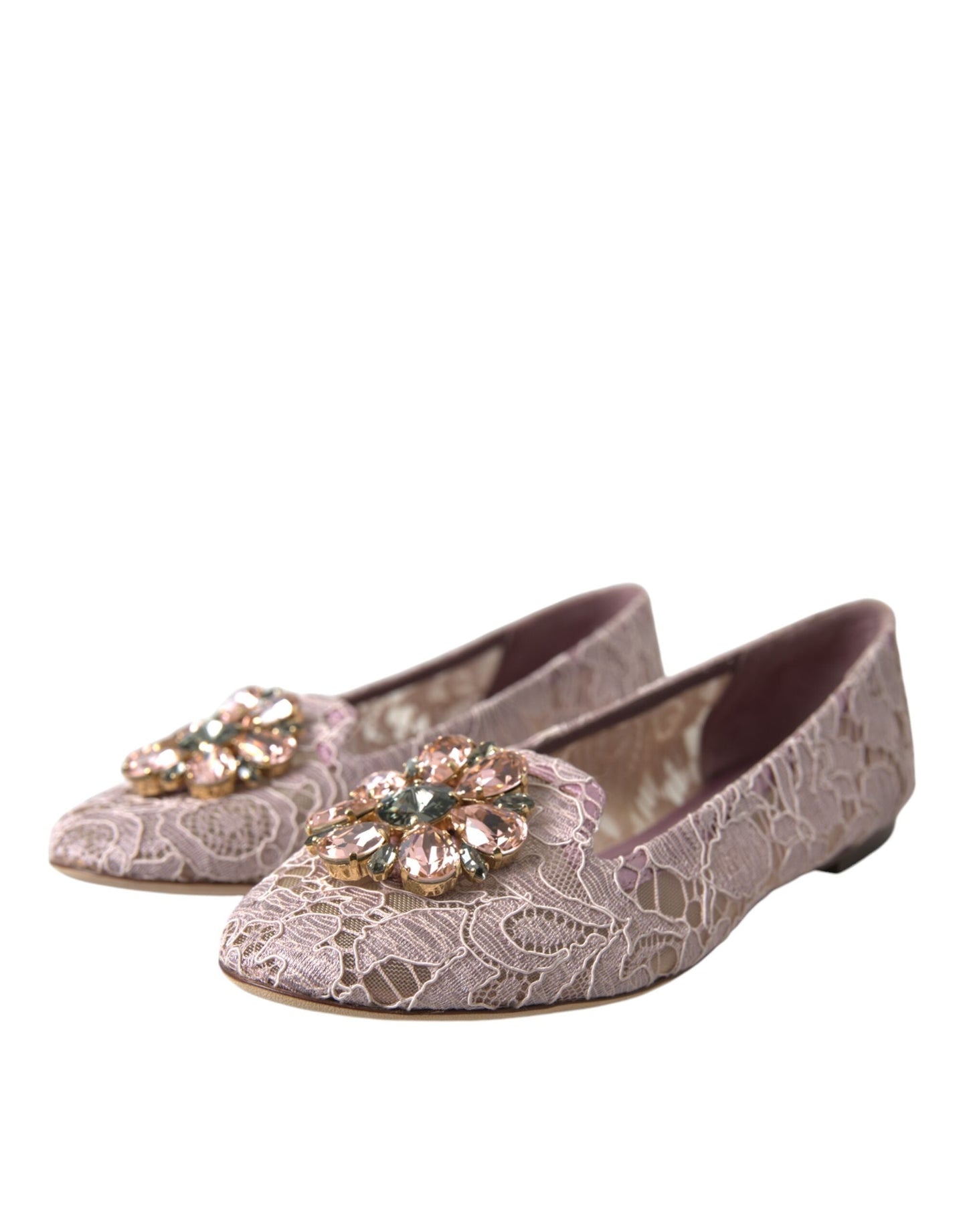 Dolce & Gabbana Pink Lace Crystal Ballet Flats Loafers Women's Shoes