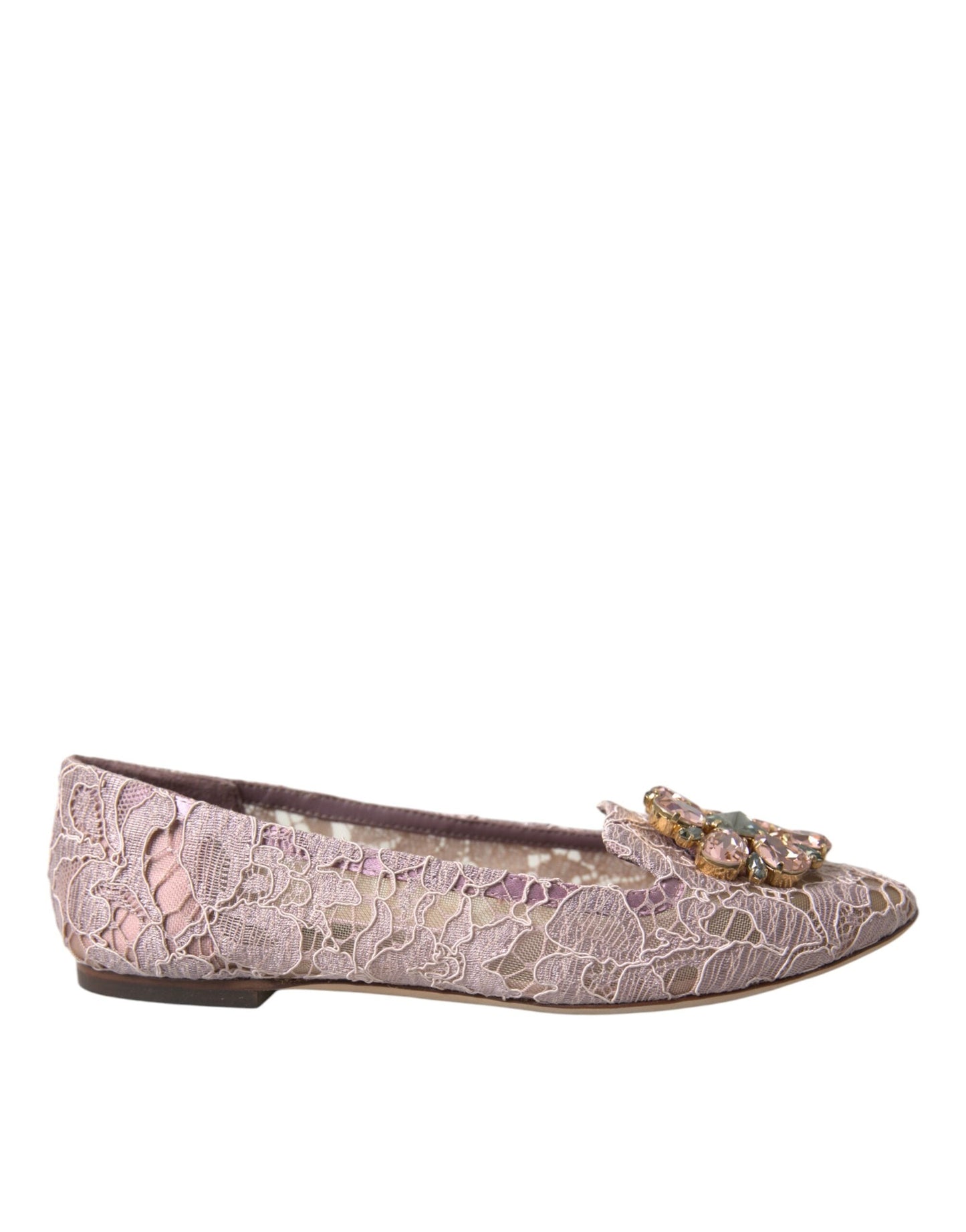 Dolce & Gabbana Pink Lace Crystal Ballet Flats Loafers Women's Shoes