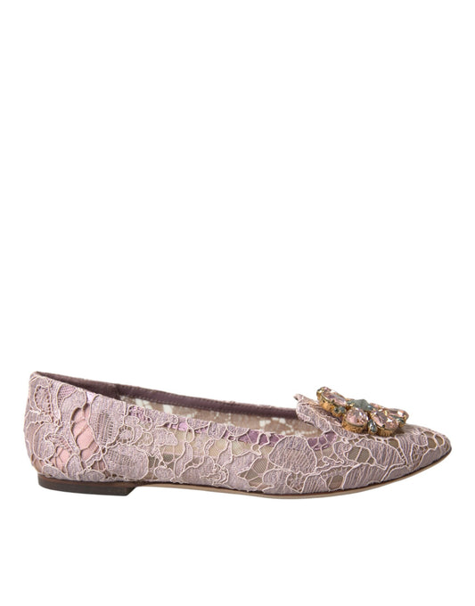 Dolce & Gabbana Pink Lace Crystal Ballet Flats Loafers Women's Shoes