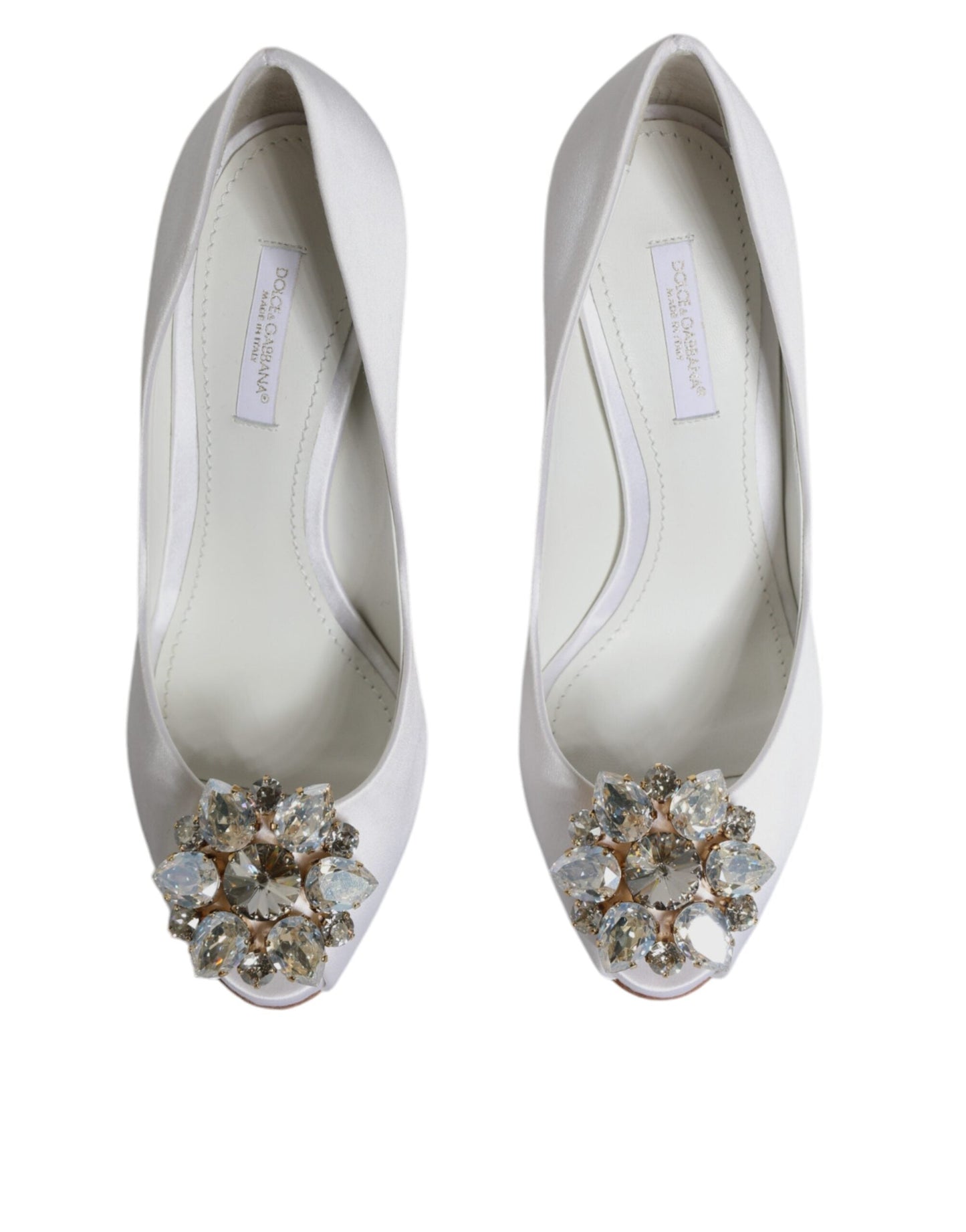 Dolce & Gabbana White Crystals Peep Toe Satin Pumps Women's Shoes ()