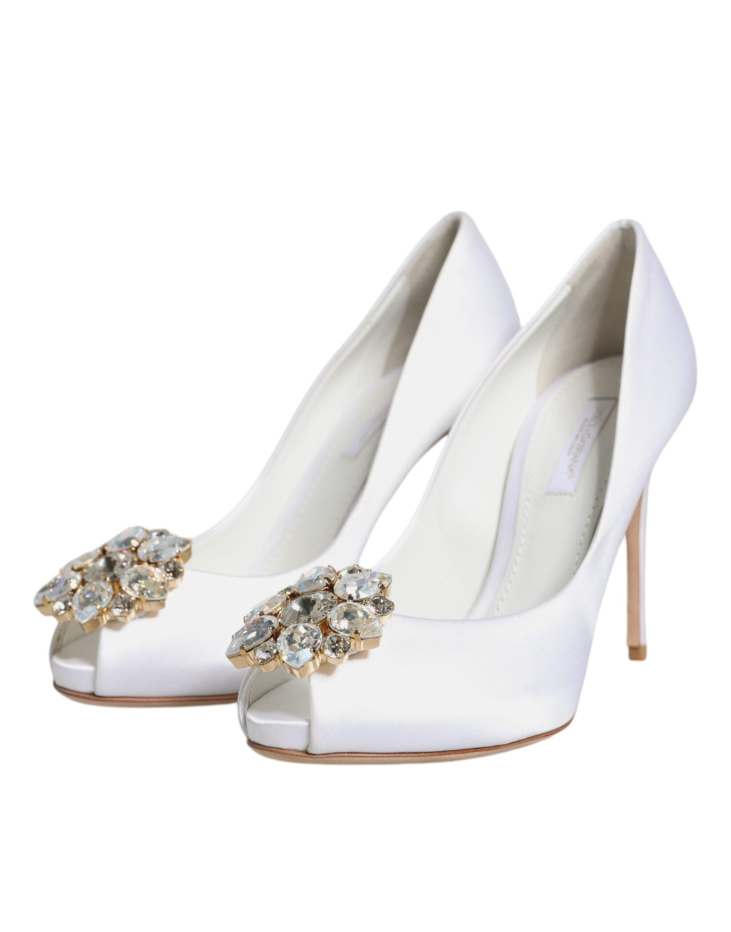Dolce & Gabbana White Crystals Peep Toe Satin Pumps Women's Shoes ()