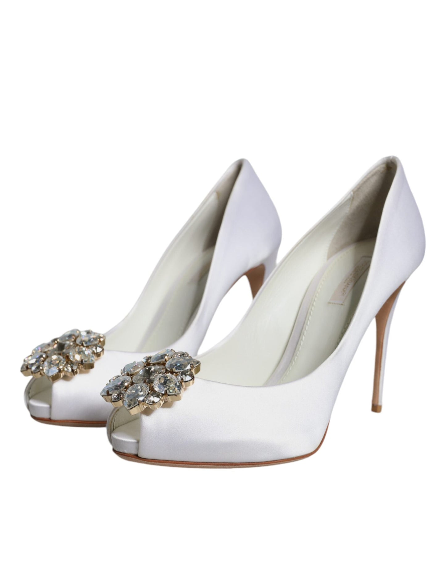 Dolce & Gabbana White Crystals Peep Toe Satin Pumps Women's Shoes ()