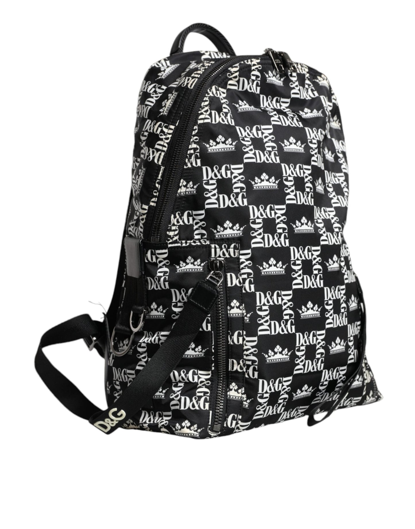 Dolce & Gabbana Black White DG Crown Logo Nylon Backpack Men's Bag